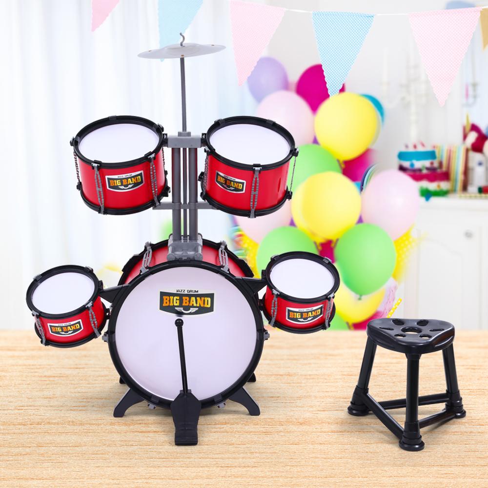 Keezi Kids 7 Drum Set featuring a bass drum, toms, cymbal, and stool in vibrant red color, designed for children aged 3 and above.
